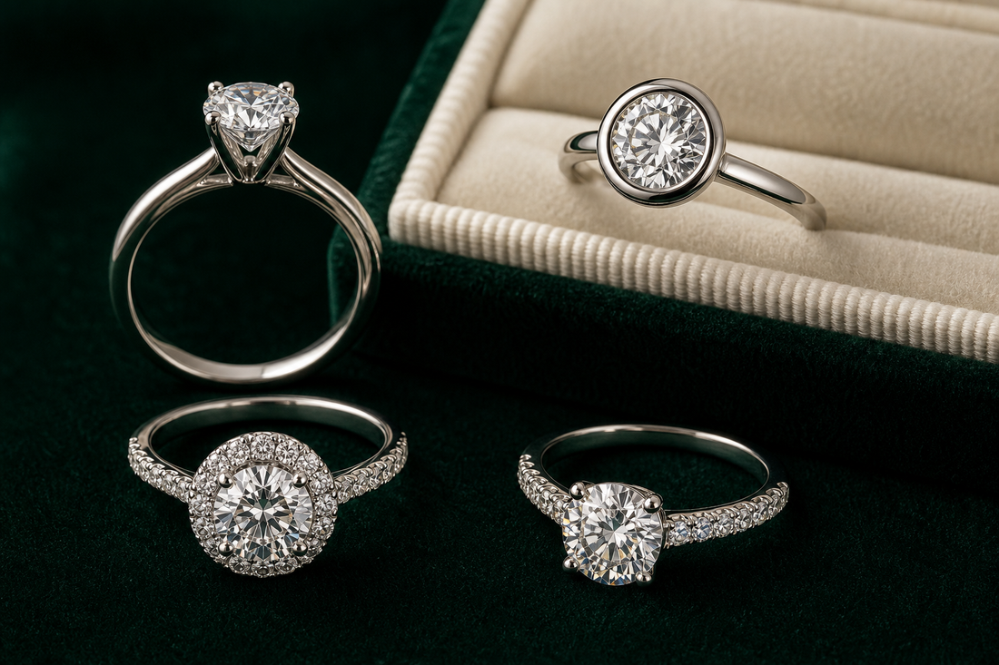 Comparación de monturas de anillo con garras, bisel, halo y pavé